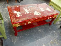 A RED LACQUER ORIENTAL LOW TABLE WITH UNDERTIER.