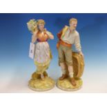 A PAIR OF 19th.C.PORCELAIN FIGURINES OF A GENTLEMAN WITH BASKET AND LADY WITH FLOWER BASKET ON HER