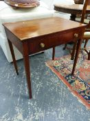 A 19th.C.MAHOGANY SIDE TABLE WITH SINGLE DRAWER AND TAPERING SQUARE SECTIONED LEGS. W 72 x D 49 x