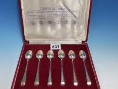 A CASED SET OF SIX HALLMARKED SILVER COFFEE SPOONS.