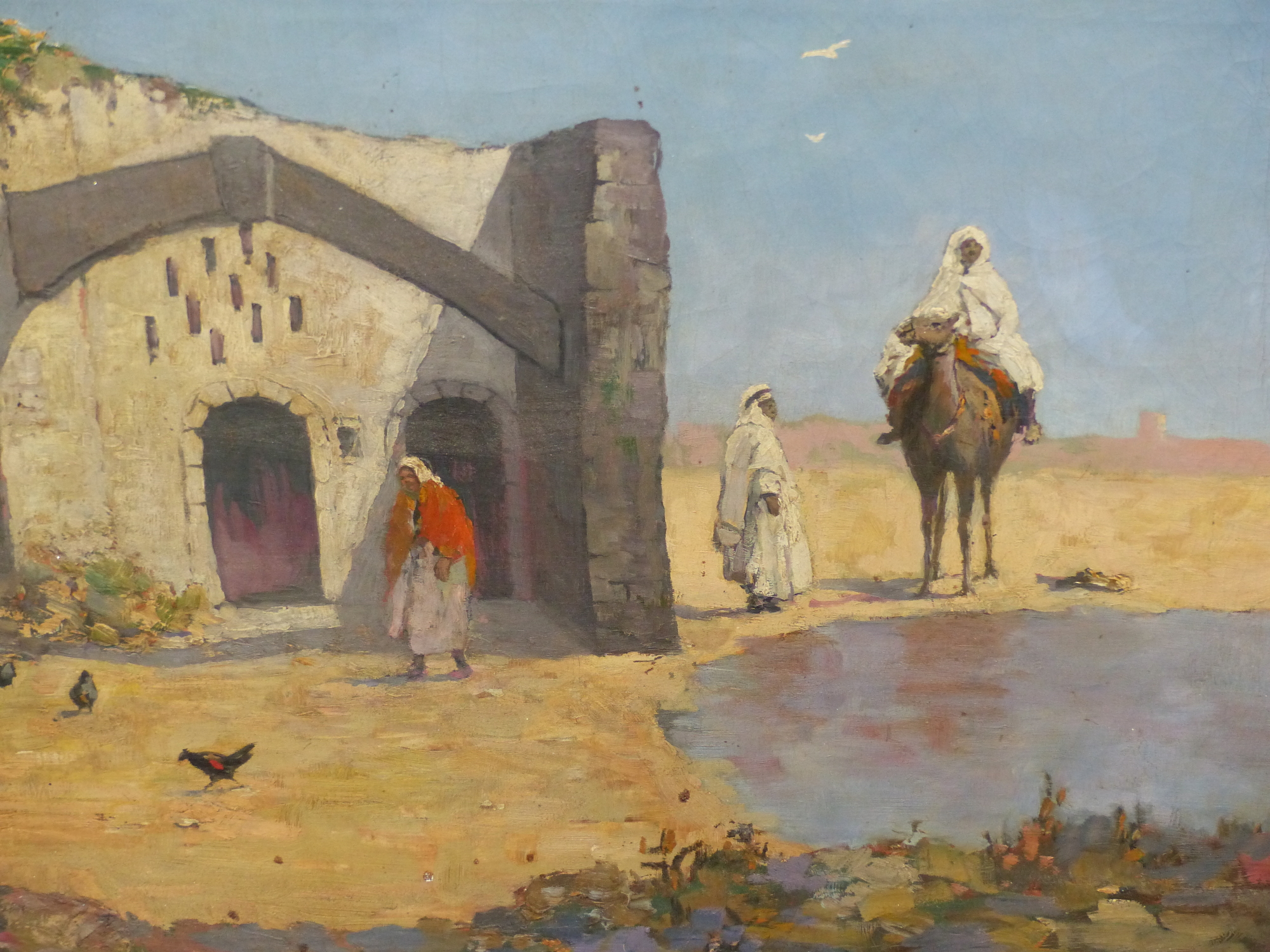 A.VAN DYCK. EARLY 20th.C.CONTINENTAL SCHOOL. A NORTH AFRICAN VILLAGE SCENE, OIL ON CANVAS, INSCRIBED