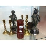 AN ANTIQUE SMALL CAST IRON MONEY BOX Rd. No. 180427, A PAIR OF SPELTER FIGURES, SILVER CREAM JUG AND