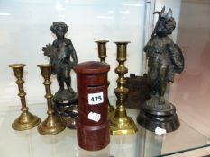 AN ANTIQUE SMALL CAST IRON MONEY BOX Rd. No. 180427, A PAIR OF SPELTER FIGURES, SILVER CREAM JUG AND