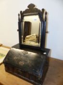 AN EARLY CHINESE EXPORT LACQUER DRESSING TABLE MIRROR WITH FITTED INTERIOR ABOVE BASE DRAWER. W.50 x