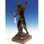 ROBERT CAUER. B.1863. DARMSTADT. SURSAM CORDA A BRONZE NUDE MAN WITH A STICK IN HIS RIGHT HAND AND
