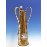 AN ARTS AND CRAFTS BRASS AND STEEL VASE WITH CABOCHON STONE INSET DECORATION. H.35cms.