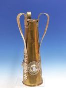 AN ARTS AND CRAFTS BRASS AND STEEL VASE WITH CABOCHON STONE INSET DECORATION. H.35cms.