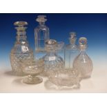 FIVE DECANTERS, THREE BOWLS, A SALT AND A CLEAR GLASS SWEETMEAT, THE WIDEST BOWL. 22cms.