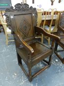 A PAIR OF LATE 17th.C.STYLE OAK WAINSCOT CHAIRS WITH CARVED BORDERS AND SCROLLWORK PEDIMENT.