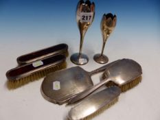 A THREE PIECE SILVER BACKED BRUSH AND MIRROR SET, BIRMINGHAM 1951, A PAIR OF CLOTHES BRUSHES AND TWO