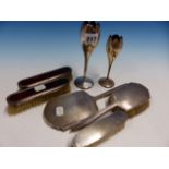 A THREE PIECE SILVER BACKED BRUSH AND MIRROR SET, BIRMINGHAM 1951, A PAIR OF CLOTHES BRUSHES AND TWO