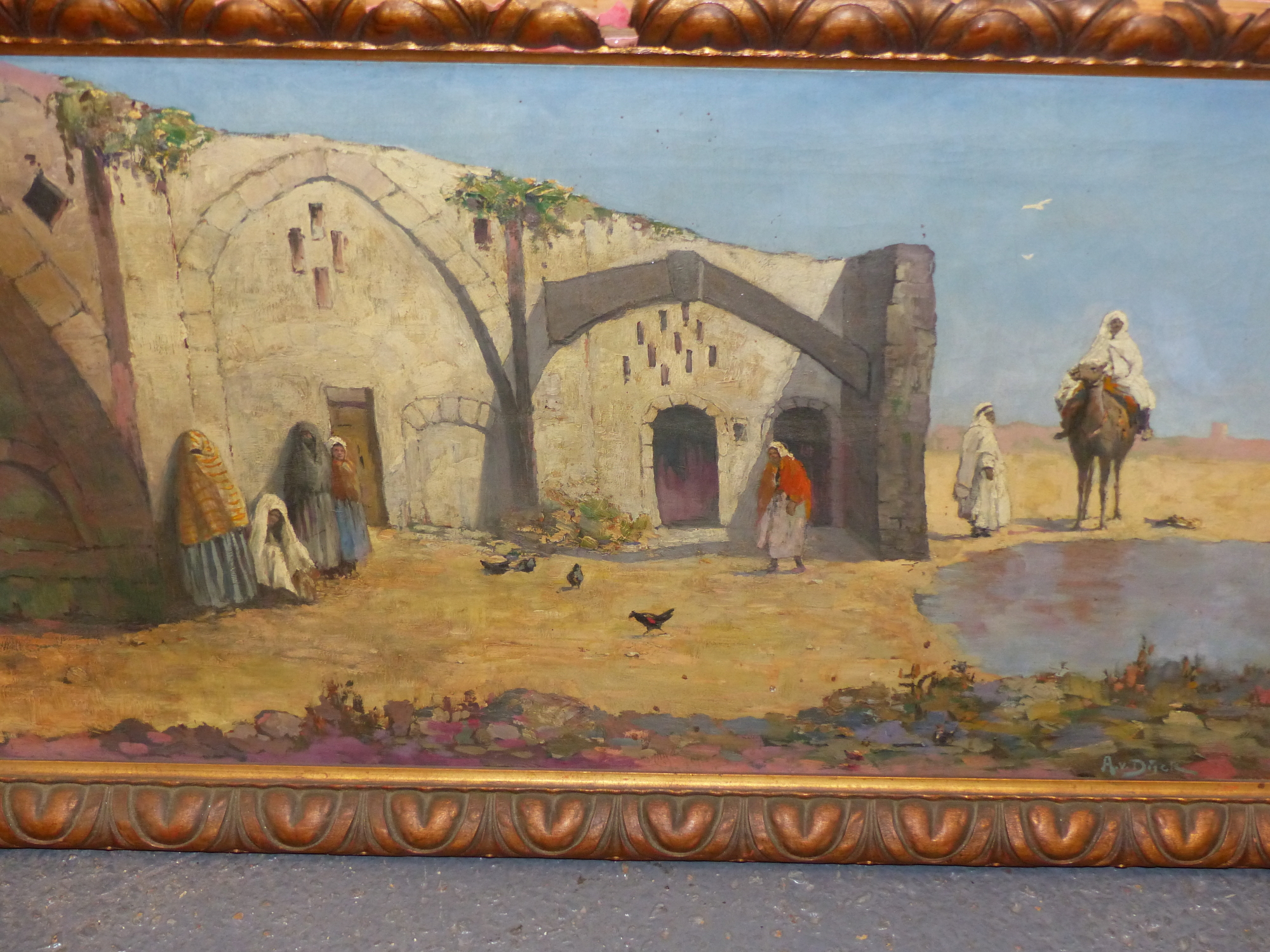 A.VAN DYCK. EARLY 20th.C.CONTINENTAL SCHOOL. A NORTH AFRICAN VILLAGE SCENE, OIL ON CANVAS, INSCRIBED - Image 2 of 5