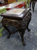 A LATE 19th.C.CHINESE CARVED HARDWOOD JARDINIERE STAND INSET WITH MARBLE. 31cms SQUARE.