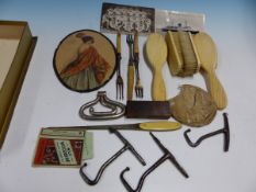 FOUR IVORY BACKED BRUSHES, VARIOUS BOOT PULLS, PICKLE FORKS, TWO POSTCARDS AND OTHER ITEMS.