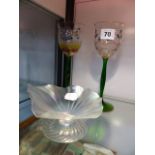 A PAIR OF FINE HAND DECORATED WINE GLASSES AND A SMALL LUSTRE GLASS BOWL. (3)