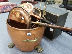 A TWIN HANDLED COPPER AND BRASS LOG BIN WITH PAW FEET TOGETHER WITH A VINTAGE SIX DRAWER TABLE TOP