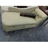 A BESPOKE VICTORIAN STYLE BOX SEAT DAY BED/ OTTOMAN WITH BUTTON UPHOLSTERED ADJUSTABLE HEAD REST.