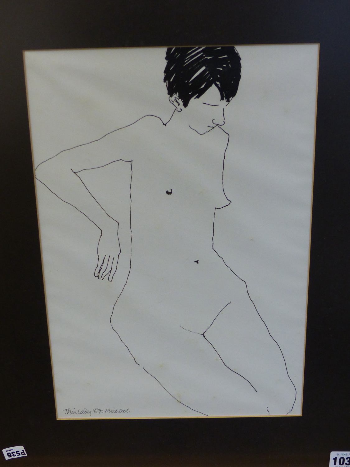 MIKE ISAACSON. 20th/21st.C. SCHOOL. ARR. THIN LADY, SIGNED INK DRAWING. 36 x 24cms TOGETHER WITH