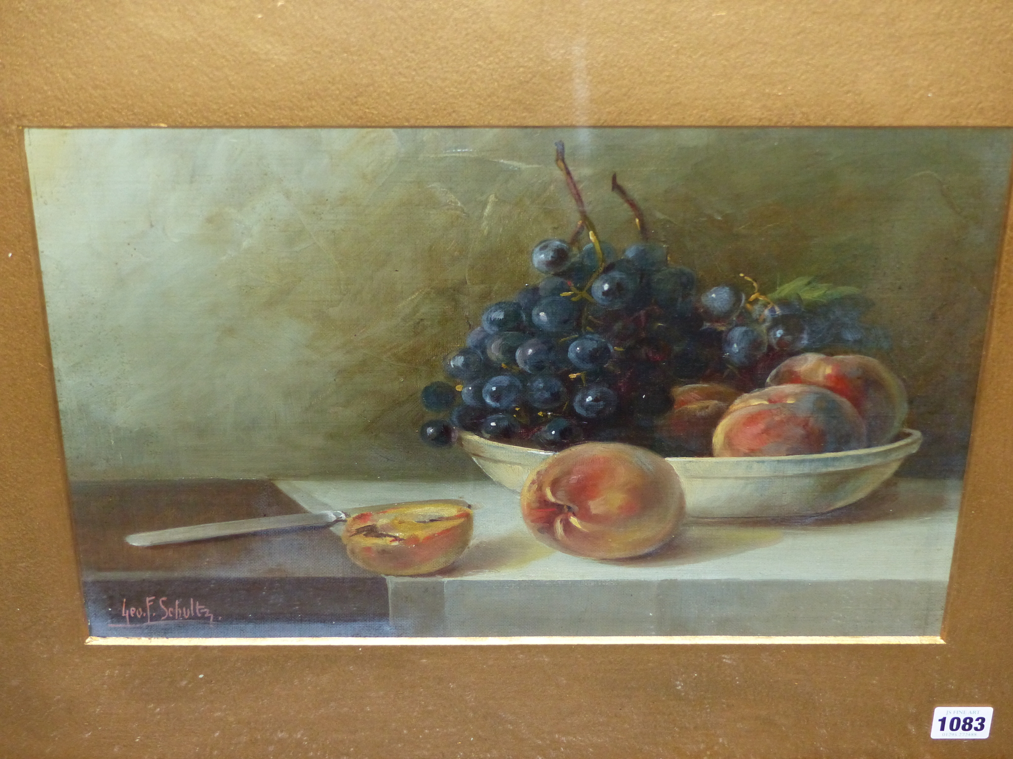 GEORGE F.SCHULTZ. 19th/20th.C. A TABLE TOP STILL LIFE OF FRUIT, SIGNED OIL ON CANVAS, LAID DOWN. - Image 2 of 4