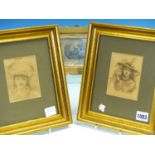 THREE SMALL ANTIQUE AND LATER GILT FRAMED PICTURES, TWO PORTRAITS OF GIRLS AND A SCENE OF