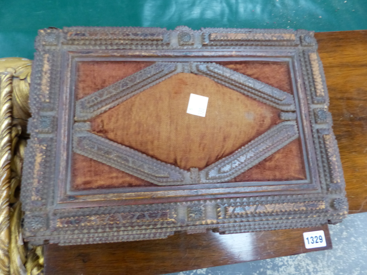 A TRAMP ART CASKET, THE CHIP CARVED WOOD WORK EDGING BROWN VELVET, THE FRONT AND BACK WITH CENTRAL - Image 7 of 24