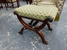 A 19th.C.MAHOGANY X FRAME STOOL WITH CARVED DETAILING. W.59cms.