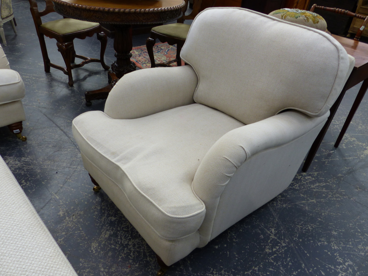 A MODERN HOWARD STYLE TWO SEATER SETTEE, A SIMILAR DEEP SEAT ARMCHAIR AND A LARGE FOOTSTOOL. (3) - Image 3 of 5