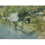 AFTER RUSSELL FLINT. A COLOUR PRINT OF A CANAL SCENE. 32 x 45cms.