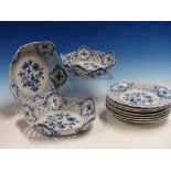 A MEISSEN ONION PATTERN PART DESSERT SERVICE, COMPRISING SEVEN PLATES AND TWO PAIRS OF BOWLS, THE