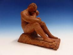 A VINTAGE TERRACOTTA SCULPTURE OF MOTHER AND CHILD BY KARIN JOHNSON, SIGNED WITH INITIALS. H.25cms.