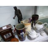 A PAIR OF JAPANESE VASES, AN ORIENTAL PART TEA SET, AN EDWARDIAN PERPETUAL CALENDAR, ETC. (QTY)