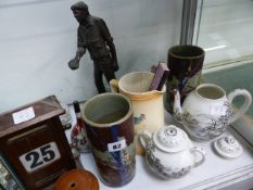 A PAIR OF JAPANESE VASES, AN ORIENTAL PART TEA SET, AN EDWARDIAN PERPETUAL CALENDAR, ETC. (QTY)