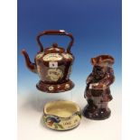 A BARGE WARE TEA POT AND STAND PRESENTED TO A FRIEND, A TREACLE GLAZED SNUFF TAKER TOBY JUG AND AN