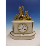 A 19th.C.ORMOLU AND WHITE MARBLE CLOCK SURMOUNTED BY TWO CHILDREN, THE PENDULUM MOVEMENT STRIKING ON
