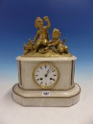 A 19th.C.ORMOLU AND WHITE MARBLE CLOCK SURMOUNTED BY TWO CHILDREN, THE PENDULUM MOVEMENT STRIKING ON