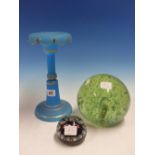 A FROSTED BLUE GLASS LUSTRE. H 27cms. A BUBBLED GREEN GLASS DOOR STOP WEIGHT TOGETHER WITH A