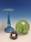 A FROSTED BLUE GLASS LUSTRE. H 27cms. A BUBBLED GREEN GLASS DOOR STOP WEIGHT TOGETHER WITH A