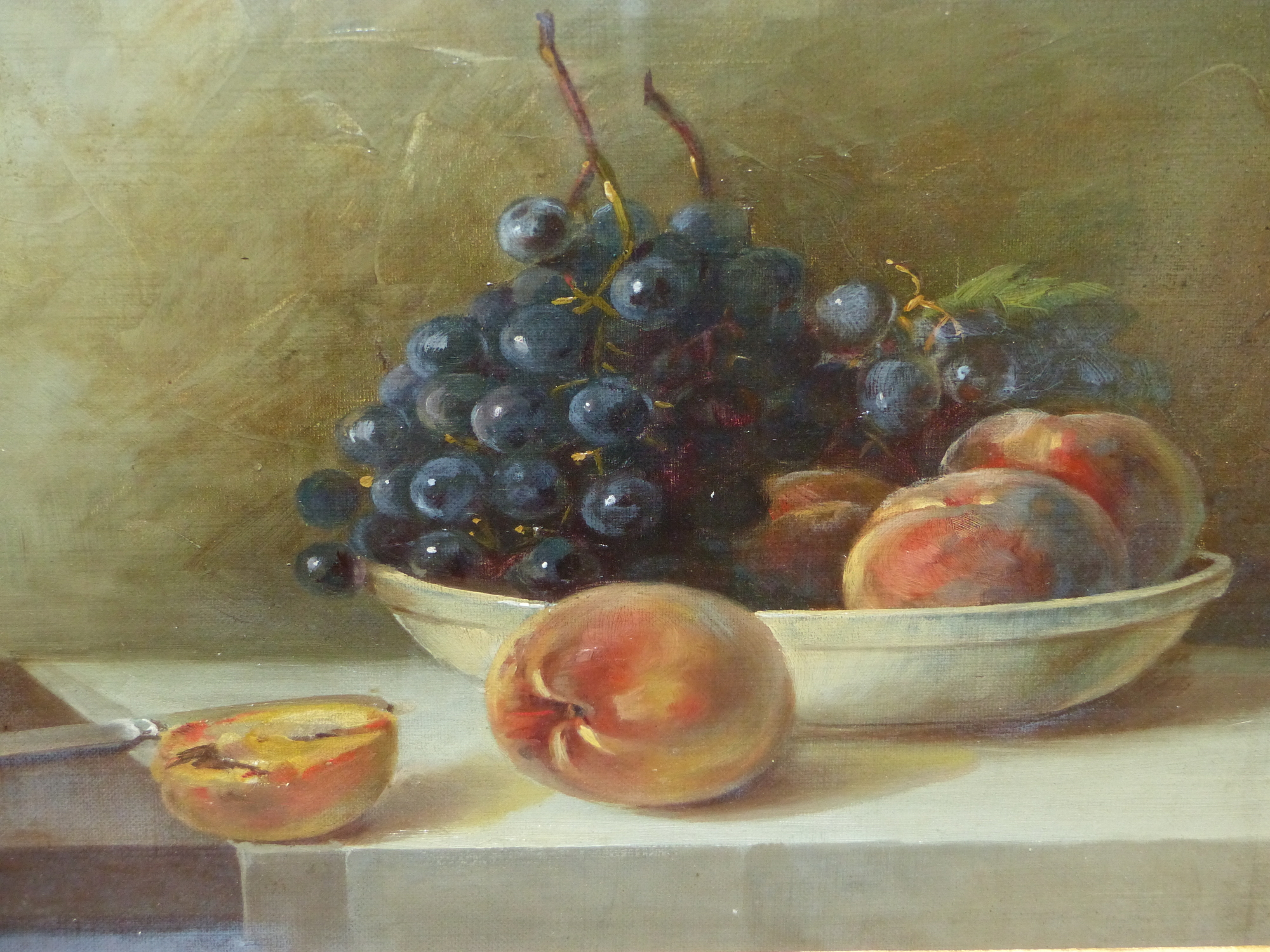 GEORGE F.SCHULTZ. 19th/20th.C. A TABLE TOP STILL LIFE OF FRUIT, SIGNED OIL ON CANVAS, LAID DOWN.