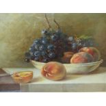 GEORGE F.SCHULTZ. 19th/20th.C. A TABLE TOP STILL LIFE OF FRUIT, SIGNED OIL ON CANVAS, LAID DOWN.