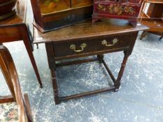 AN 18th.C.OAK SIDE TABLE WITH FRIEZE DRAWER ON TURNED LEGS AND STRETCHER BASE. 75 x 50 x H.66cms.