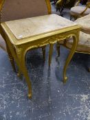 A FRENCH GILTWOOD SIDE TABLE WITH MARBLE INSET TOP ON SLENDER CARVED CABRIOLELEGS.
