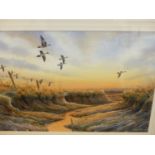 SIMON TRINDER. 20th/21st.C. ARR. PINTAILS OVER MARSHES, SIGNED WATERCOLOUR. 34.5 x 51cms.