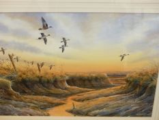 SIMON TRINDER. 20th/21st.C. ARR. PINTAILS OVER MARSHES, SIGNED WATERCOLOUR. 34.5 x 51cms.