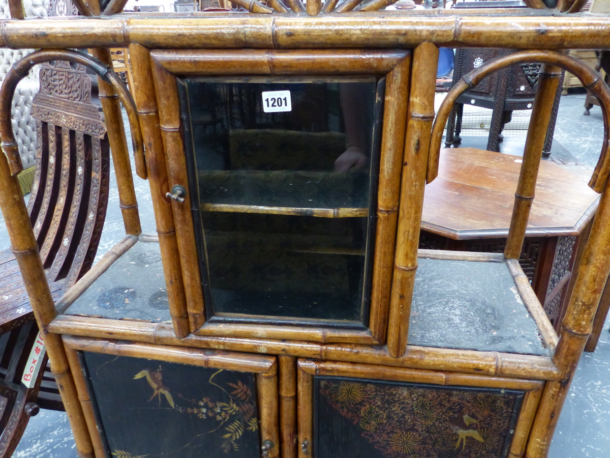 A VICTORIAN BAMBOO SIDE CABINET WITH SINGLE GLAZED DOOR OVER LACQUER PANEL DOORS. 78 x 32 x H. - Image 3 of 8