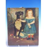 ENGLISH NAIVE SCHOOL. A PORTRAIT OF A GIRL WEARING A BLUE DRESS WITH A LARGE BLACK DOG, OIL ON