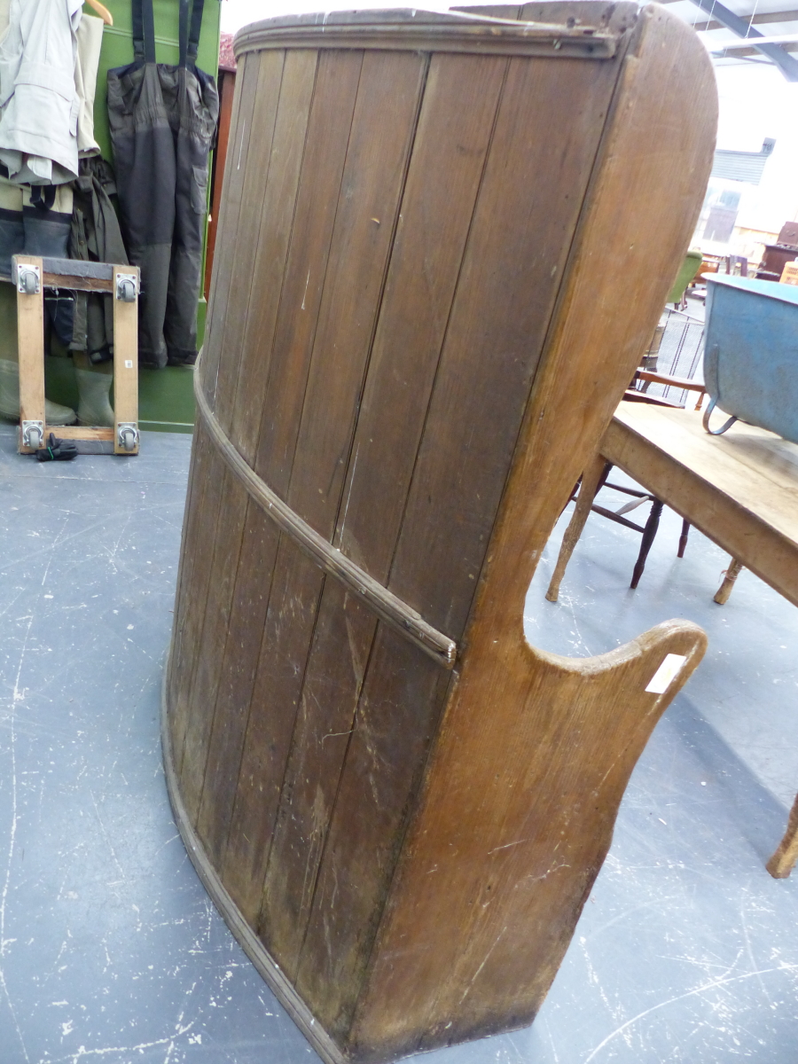 A VICTORIAN PINE BOW BACK HIGH SETTLE WITH ELM SEAT. W.200 x H.151cms. - Image 7 of 7
