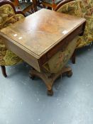 A MAHOGANY FLAP TOP WORK TABLE, A SINGLE DRAWER OVER THE NEEDLEWORKED BAG SLIDING OUT OVER HORSE