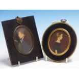 19th.C.ENGLISH NAIVE SCHOOL. AN OVAL MINIATURE PORTRAIT OF A GIRL AND ANOTHER OF A YOUNG MAN,