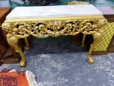 A 18th.C. STYLE GILTWOOD CONSOLE TABLE WITH INSET MARBLE TOP AND CLAW AND BALL FEET. W.137 x D.54