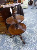 A GEORGIAN MAHOGANY THREE TIER DUMB WAITER ON TRIPOD LEGS. Dia.61 x H.112cms.